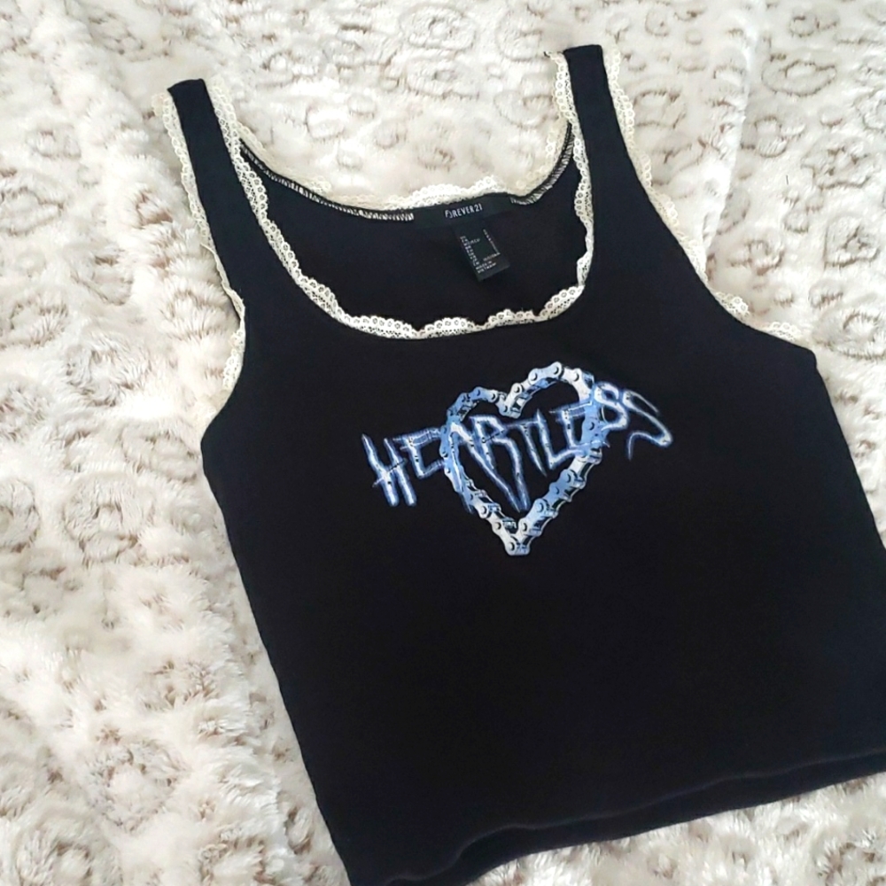 *3/$15* Forever 21 Black Ribbed Heartless Tank Top W/ White Lace